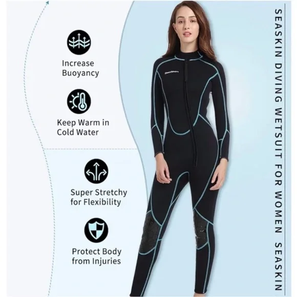 New Sea Skin Women's Black and Blue Full Body Wetsuit Size S - Picture 8 of 10